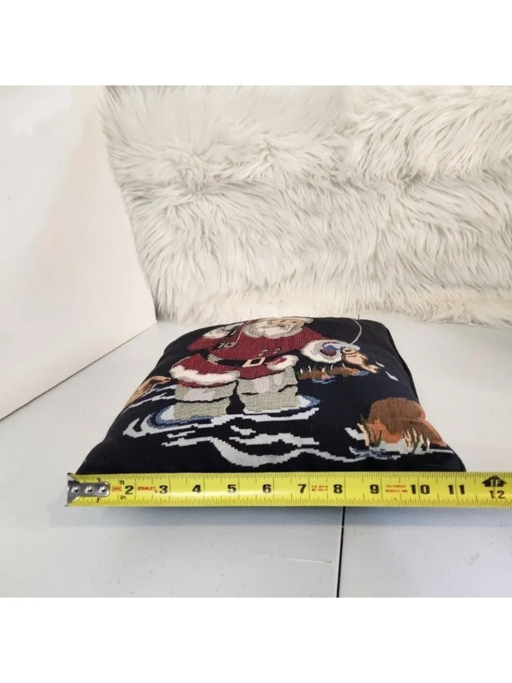 Vintage Tapestry Pillow Square Fishing Santa Claus Christmas Decor 1990s Fish